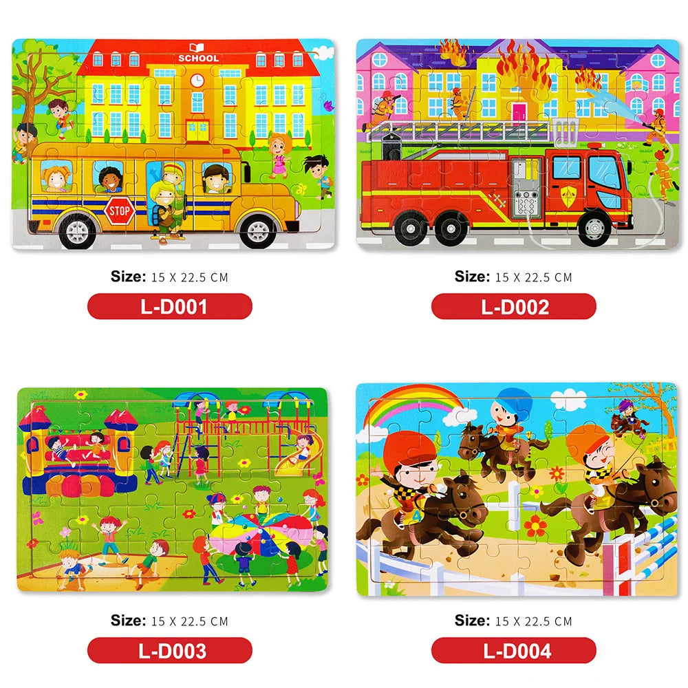 New 30 Pieces Wooden Puzzles Cartoon Animal Traffic Tangram Wood 3d Puzzle Montessori Educational Toys for Children Gifts.