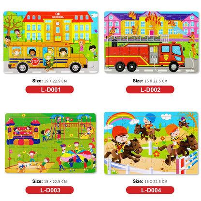 New 30 Pieces Wooden Puzzles Cartoon Animal Traffic Tangram Wood 3d Puzzle Montessori Educational Toys for Children Gifts.