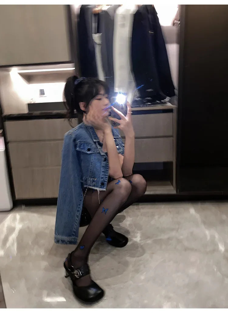 Sexy Blue Butterfly Net Stockings Women's Long Tube Socks Invisible Sweat Absorbent Polka Dot Design Pure Desire Stockings.