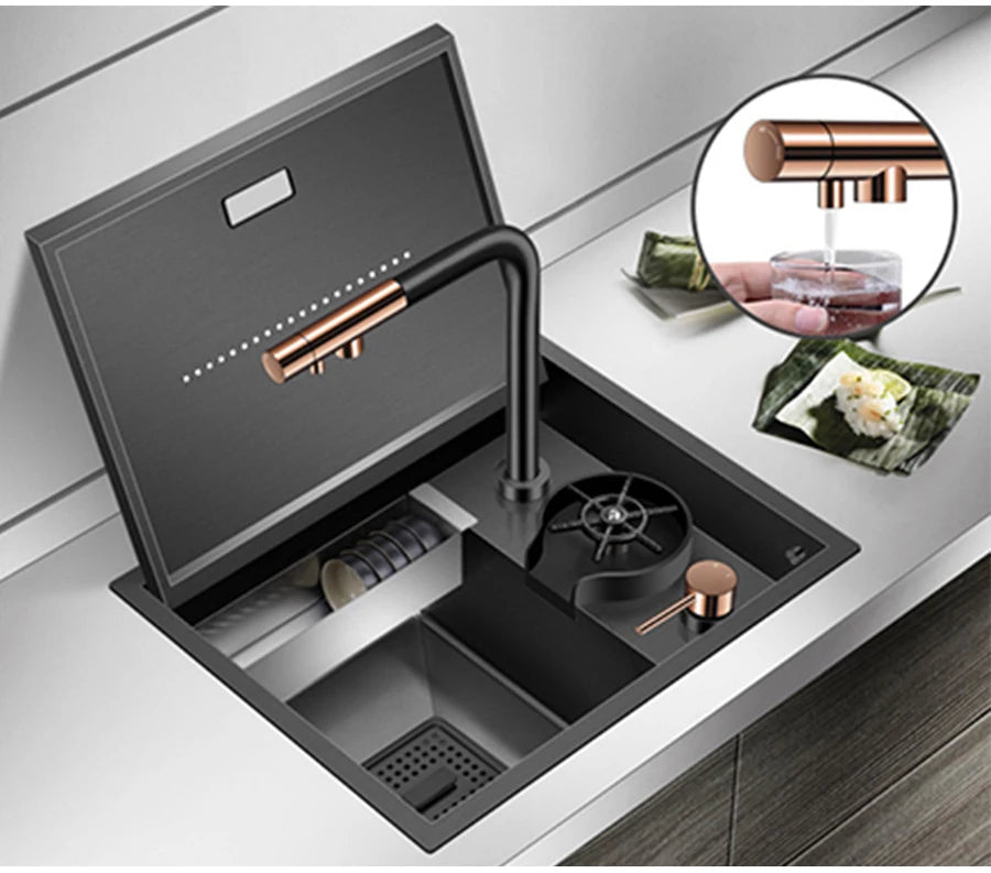 Nanometer Hidden Bar Island kitchen Sink 304 Stainless Steel Flip Cover Hidden Handmade Small Size kitchen Sinks With Cup Rinser
