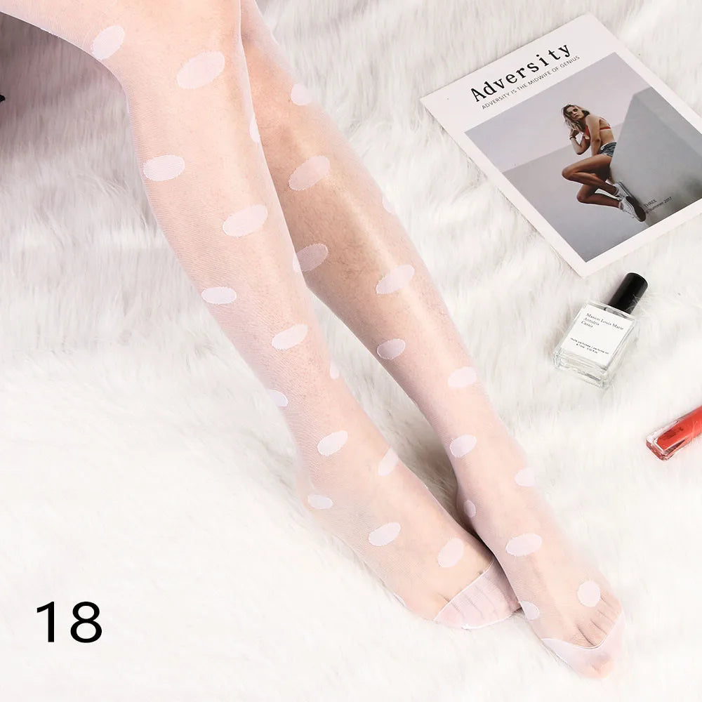 Sexy Women love Dot Embroidery Silk Stocking Thin Vintage Faux Tattoo Thigh Sheer Pantyhose Female Elastic Hosiery girls Tights.