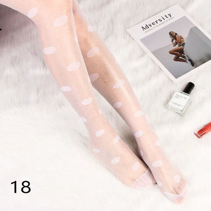 Sexy Women love Dot Embroidery Silk Stocking Thin Vintage Faux Tattoo Thigh Sheer Pantyhose Female Elastic Hosiery girls Tights.