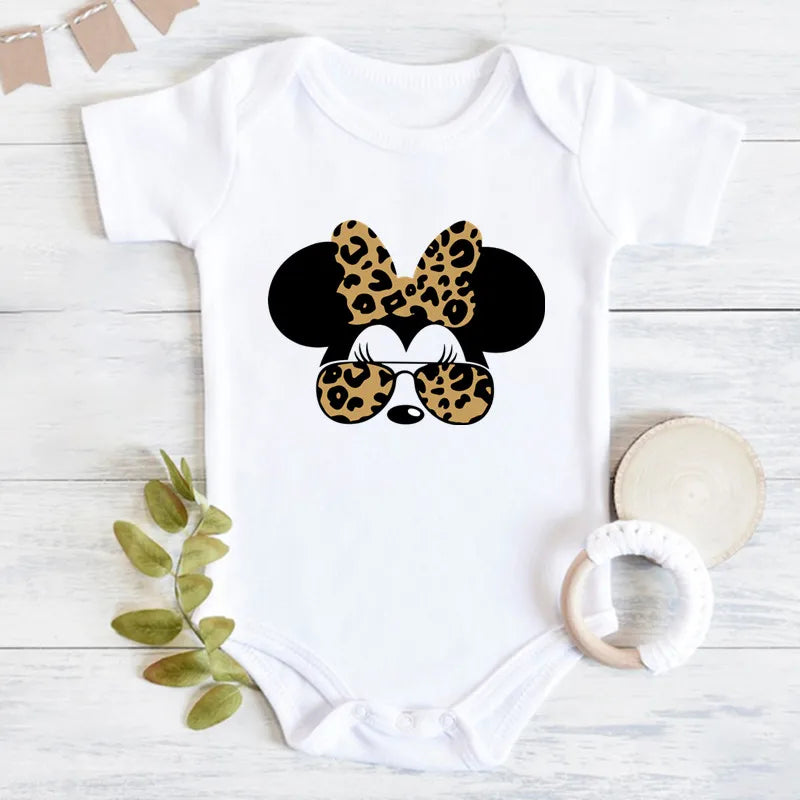 Niedliche Leopard Minnie Maus Disney Newbron Bodys Baby Kleidung Sommer Kurzarm Baumwolle Minnie Kawaii Stram pler Overall