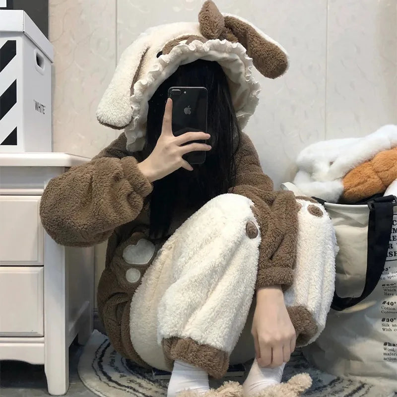 Cute Little Bear Pajamas for Women Thick Warm Fleece Home Wear Set Autumn Nightgown Girls 2025 New Winter Nightclothes 2Pcs.