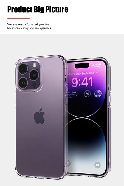 Luxury Clear Silicone Phone Case For iPhone 16 15 14 13 12 11 Pro Max XR X XS 7 8 Plus Shockproof Transparent Bumper Back Cover.