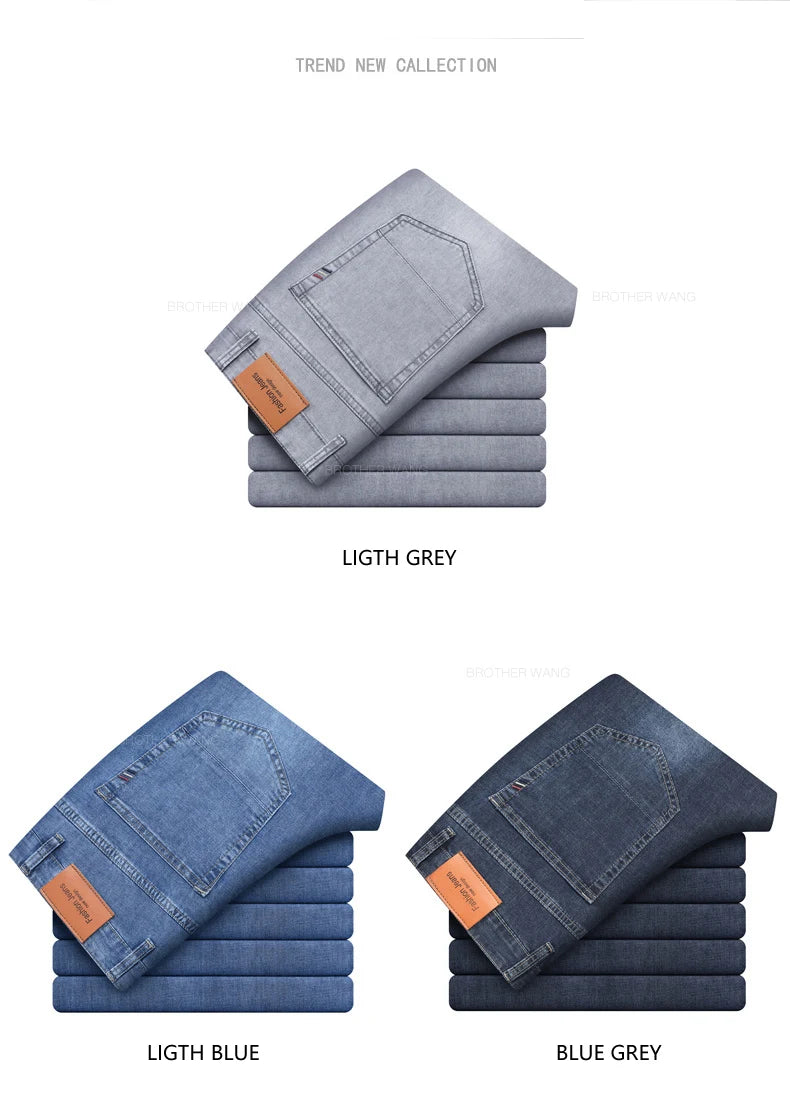 Brand Men's Fashion Summer Thin Jeans Comfortable Stretch Cotton Business Straight Casual Denim Pants Light Gray Blue Pants.