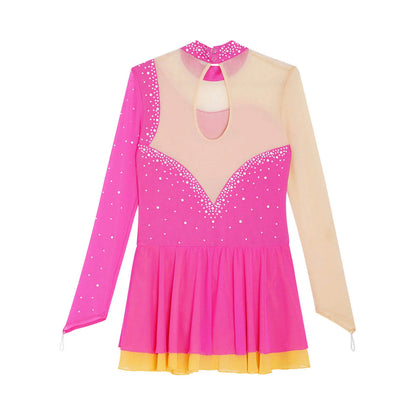 Kinder Mädchen Eiskunstlauf Kleid Lyrical Ballett Tanz Rhythmische Gymnastik Leistung Kostüm Langarm Strass Trikot.