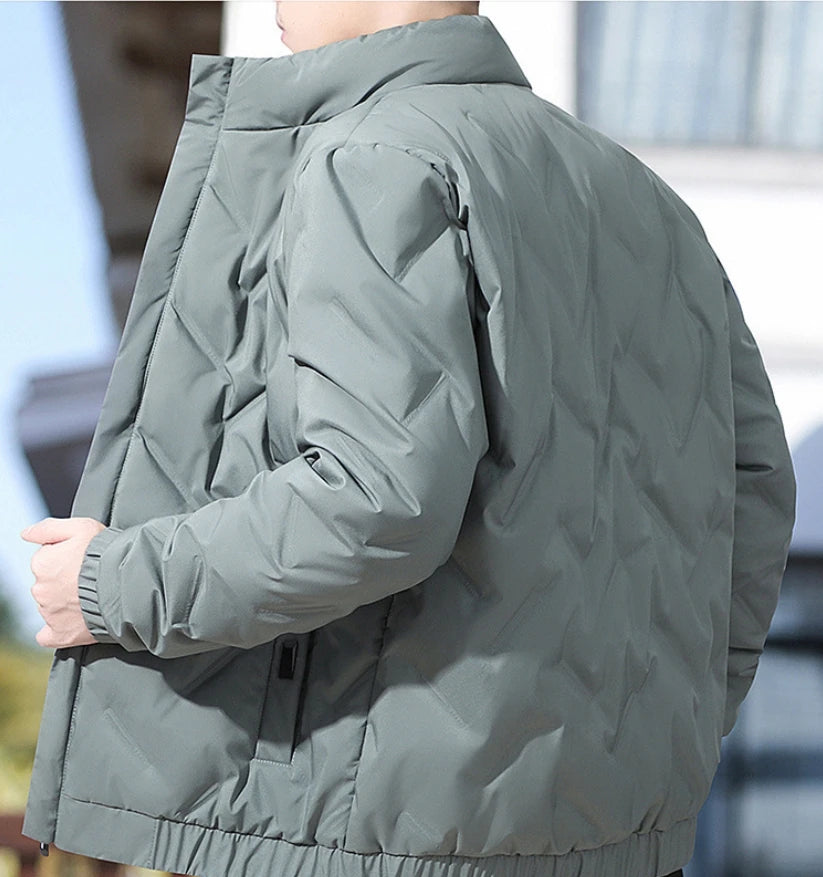 Men's winter standing collar cotton jacket with diamond grid pattern warm jacket, casual solid color fashionable simple jacket.