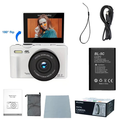 Ourlife AC600 Digital Camera 4K 64MP UHD Cameras 18X Digital Zoom 180° Flip Screen Vintage Vlogging Camera for YouTube Autofocus