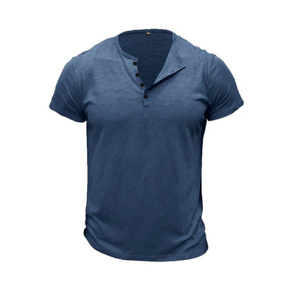 Summer Men's Cotton T-shirt Short-sleeve Henley Collar Casual Solid Color Button Tees Polo High Quality Male Cozy T-shirts.