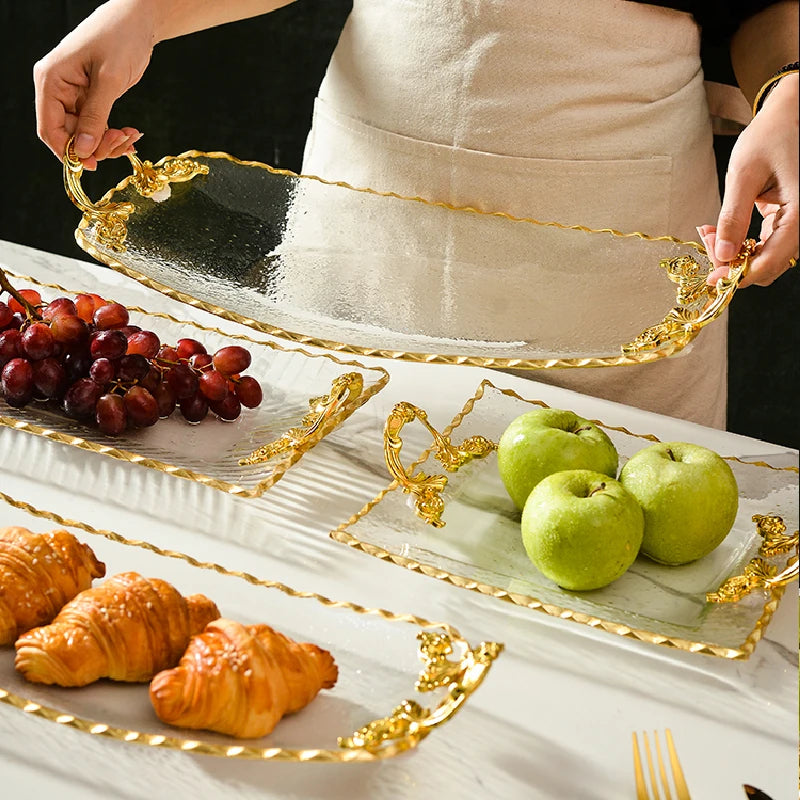 Gold-rimmed Glass Plates, Luxury Fruit Plates, Snacks, Cakes, Snacks, Bread Tray, Binaural Glass Plates, Rectangular Trays.