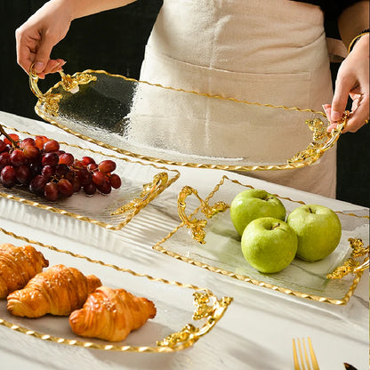Gold-rimmed Glass Plates, Luxury Fruit Plates, Snacks, Cakes, Snacks, Bread Tray, Binaural Glass Plates, Rectangular Trays.