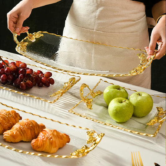Gold-rimmed Glass Plates, Luxury Fruit Plates, Snacks, Cakes, Snacks, Bread Tray, Binaural Glass Plates, Rectangular Trays.