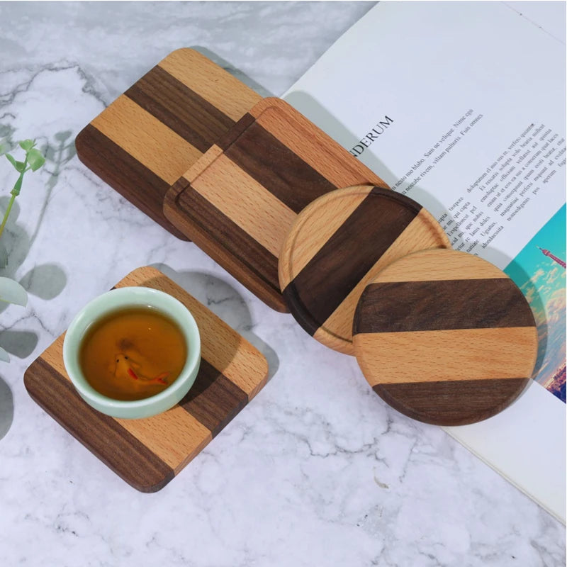 TIME OWNER Tea Coffee Cup Pad Placemats Decor Walnut Beech Wood Coasters Durable Heat Resistant Square Drink Mat Bowl Teapot.