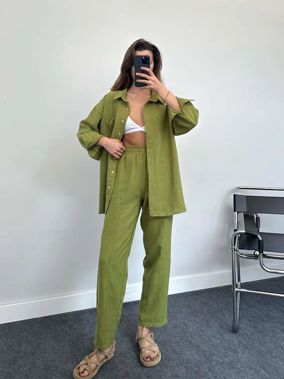 New Autumn Red Women Casual Two-piece Set, Features A Thin Long-sleeved Lapel Shirt Paired with Matching Drawstring Trousers.