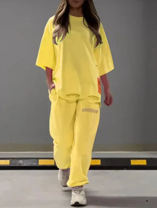 Summer New Fashion Hollowed Out O Neck T Shirt Women's 2 Piece Set Solid Color Casual Relaxed Tracksuit Pants Pocket Female Suit.