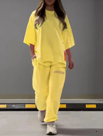 Summer New Fashion Hollowed Out O Neck T Shirt Women's 2 Piece Set Solid Color Casual Relaxed Tracksuit Pants Pocket Female Suit.