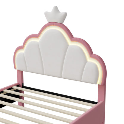 Anajqaqia 90×200 cm gepolstertes Einzelbett, Kinderbett mit LED-Leuchten, mit Lattenrost und Kronenkopfteil, Samt