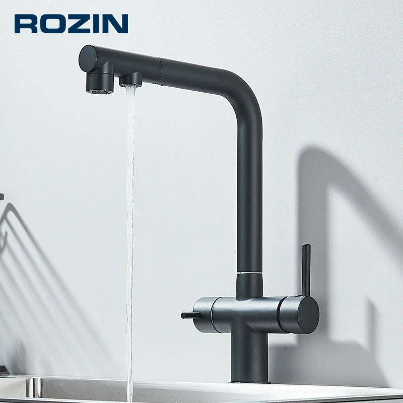 Rozin Water Purifier Kitchen Faucet Black Pull Out Flexible Filter Kitchen Faucets Crane Brass 2 in 1 Hot Cold Water Mixer Tap