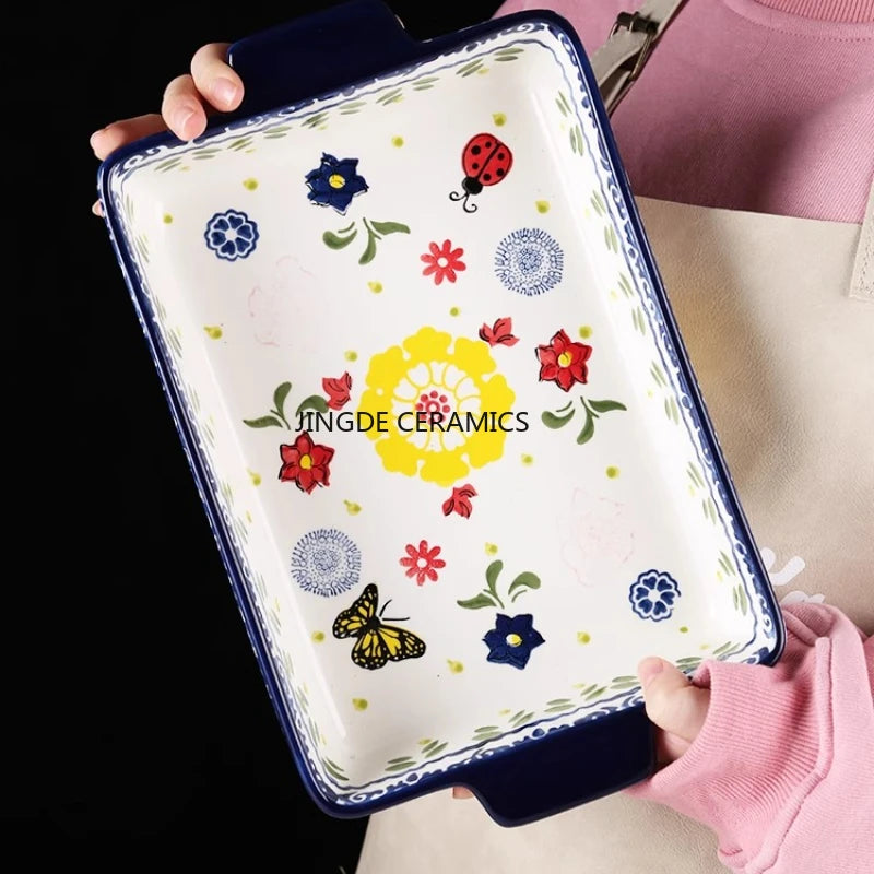 Rectangular/elliptical Double Ear Plate Cheese Baked Rice Tray Ceramic Baking Tray Oven Household Large Square Plate Tableware.