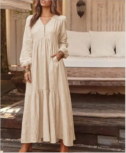 Baumwolle Und Leinen Vintage Stil Langes Kleid Für Frauen Casual V-ausschnitt Langarm Lose Maxi Kleider Weibliche Elegante frauen Kleidung.