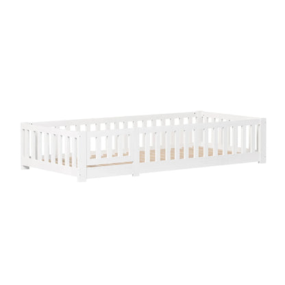 Rosahqnda Massivholz-Bettgestell 90 x 200 cm, Kinderbett mit Schubladen und Kopfteil für Bücher, Einzelzimmer, Weiß