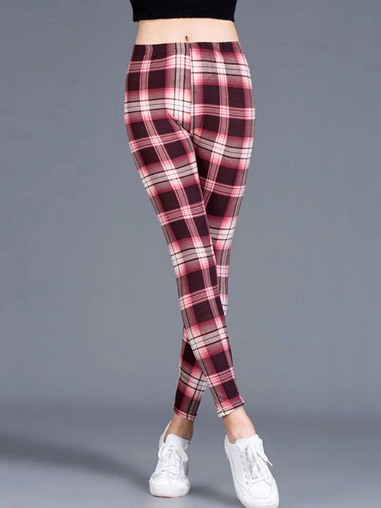 CUHAKCI Mode Plaid Druck Leggings Frauen Sexy Fitness Leggins Grid Floral Streifen Hosen Hohe Taille Bleistift Hosen