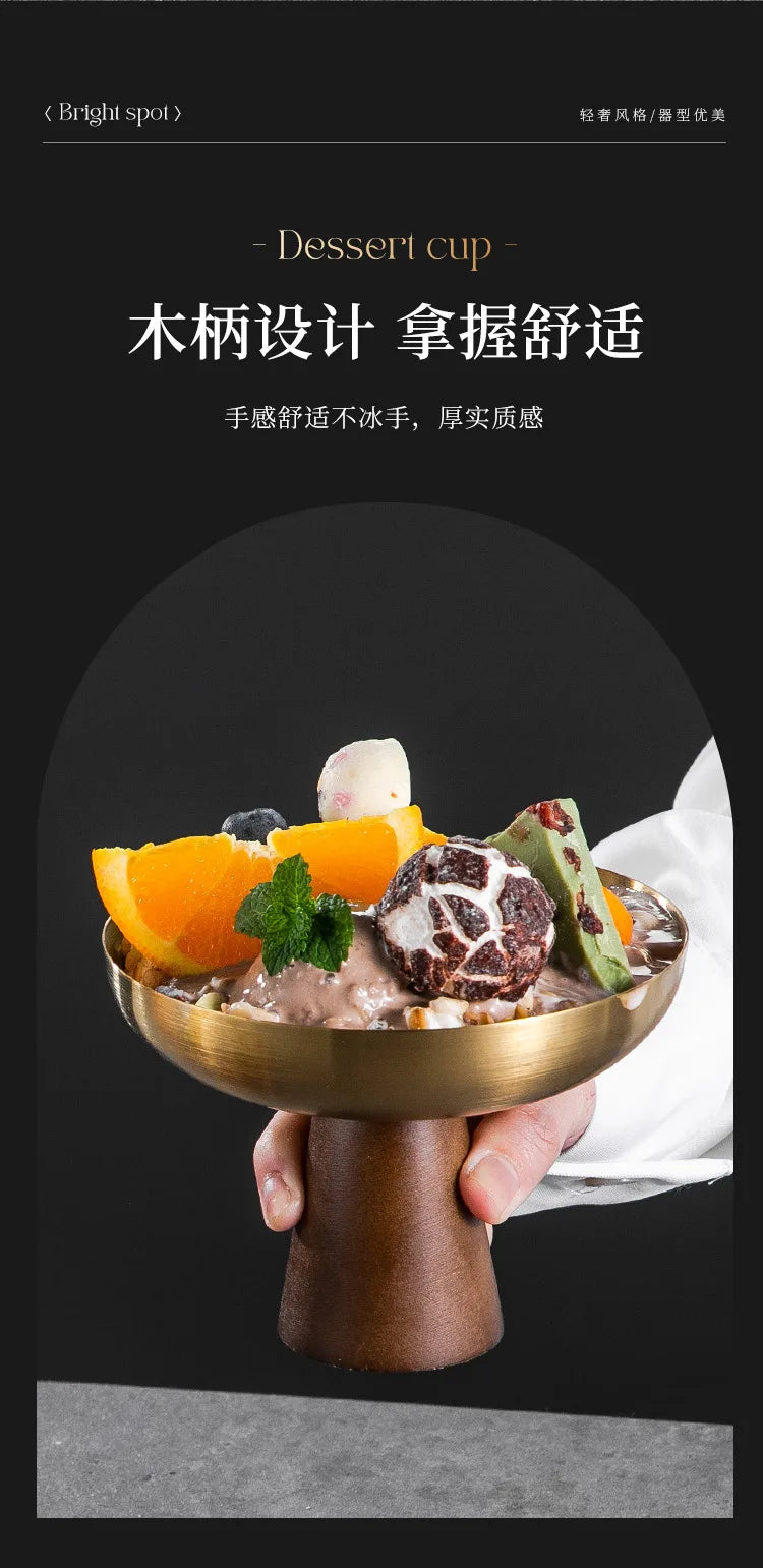 StainlessTea Tray Snack Tray Fruit Tray Salad Tray Steel Wooden Footed Cup High Foot Cup Ice Cream Cup Pudding Cup Dessert Plate.