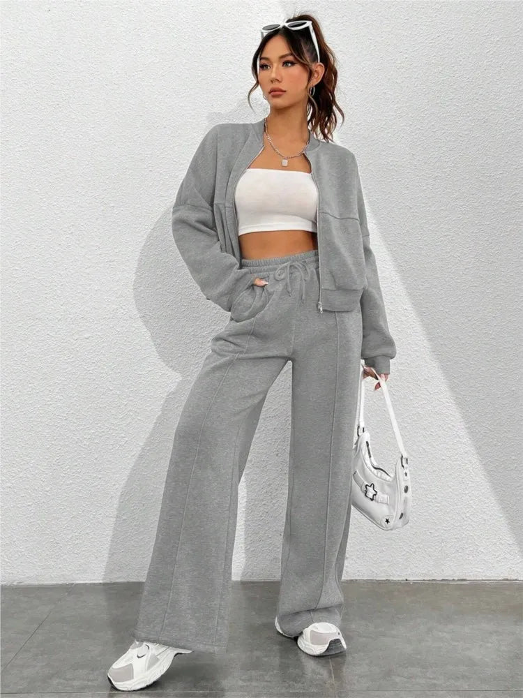 Autumn Winter New Cardigan Zipper Slim Two-piece Sets Women Casual Jakcet Coats Wide Leg Pant Set Fashion Female Clothing Suit.