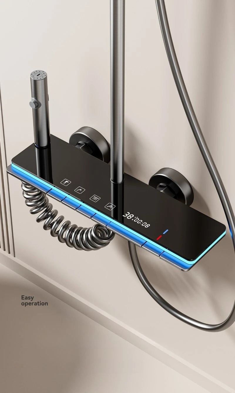 Graues Duschsystem mit Umgebungslicht, intelligentes digitales Duscharmatur-Set, Temperaturanzeige, Regen-Badezimmer-Duschset