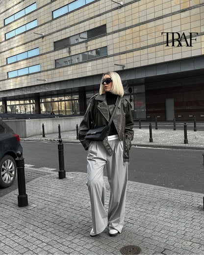 TRAF Damen Vintage lose Lederjacke Gürtel Schulter Abzeichen Zip Revers Jacke Handsome Washed Leder Motorrad Kleidung.