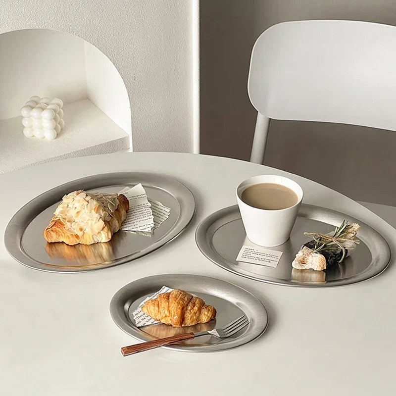Multi-Size Stainless Steel Oval Dish Plates Household Food Dinner Steamed Shallow Plate Kitchen Tableware.