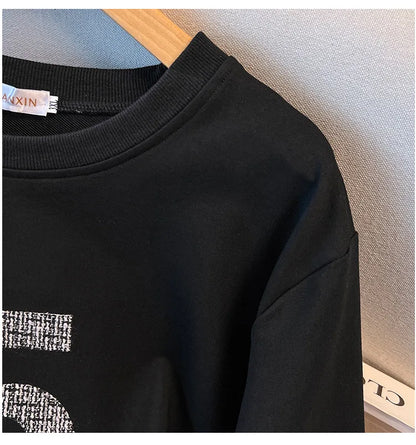 175kg plus size Damen büste Frühling Herbst loser Rundhals ausschnitt bedrucktes Langarm-Sweatshirt schwarz orange 5xl 6xl 7xl 8xl 9xl