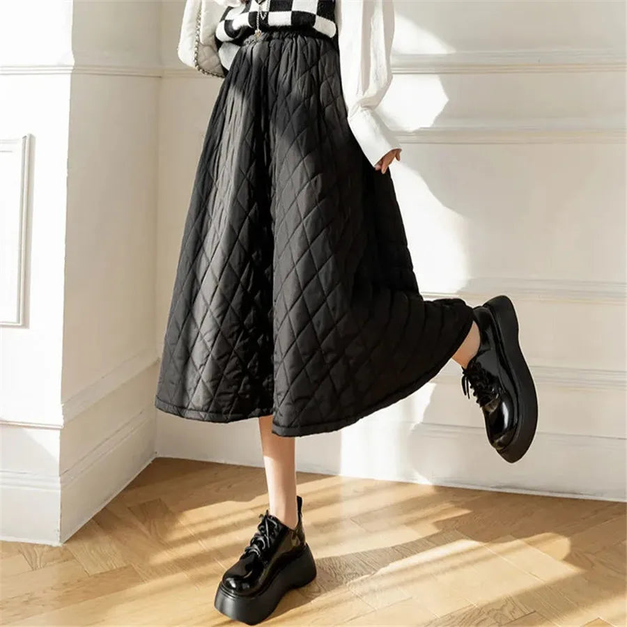 Autumn Winter Cotton Quilted Skirt Warm Womens A-line Faldas Vintage Thicken High Waist Saias Korean Fashion Knee-length Skirts.