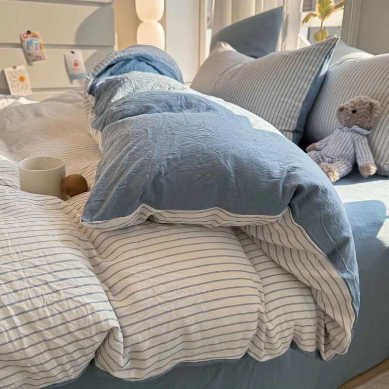 Washed Cotton Duvet Cover Set Quilt Set Ins Nordic Minimalist Style Grey Strip Bed Set Home Textile Bedding Set Bed Sheets 2025.