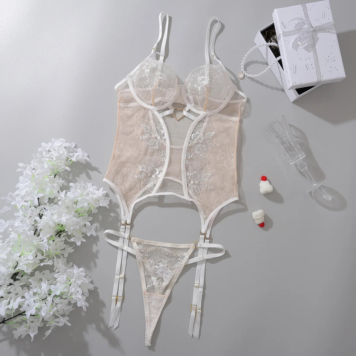 Sensual Lingerie Floral Lace Transparent Erotic Costume Bride Fantasy Sexy Crotchless Invisible Thongs Naked Sex Suit