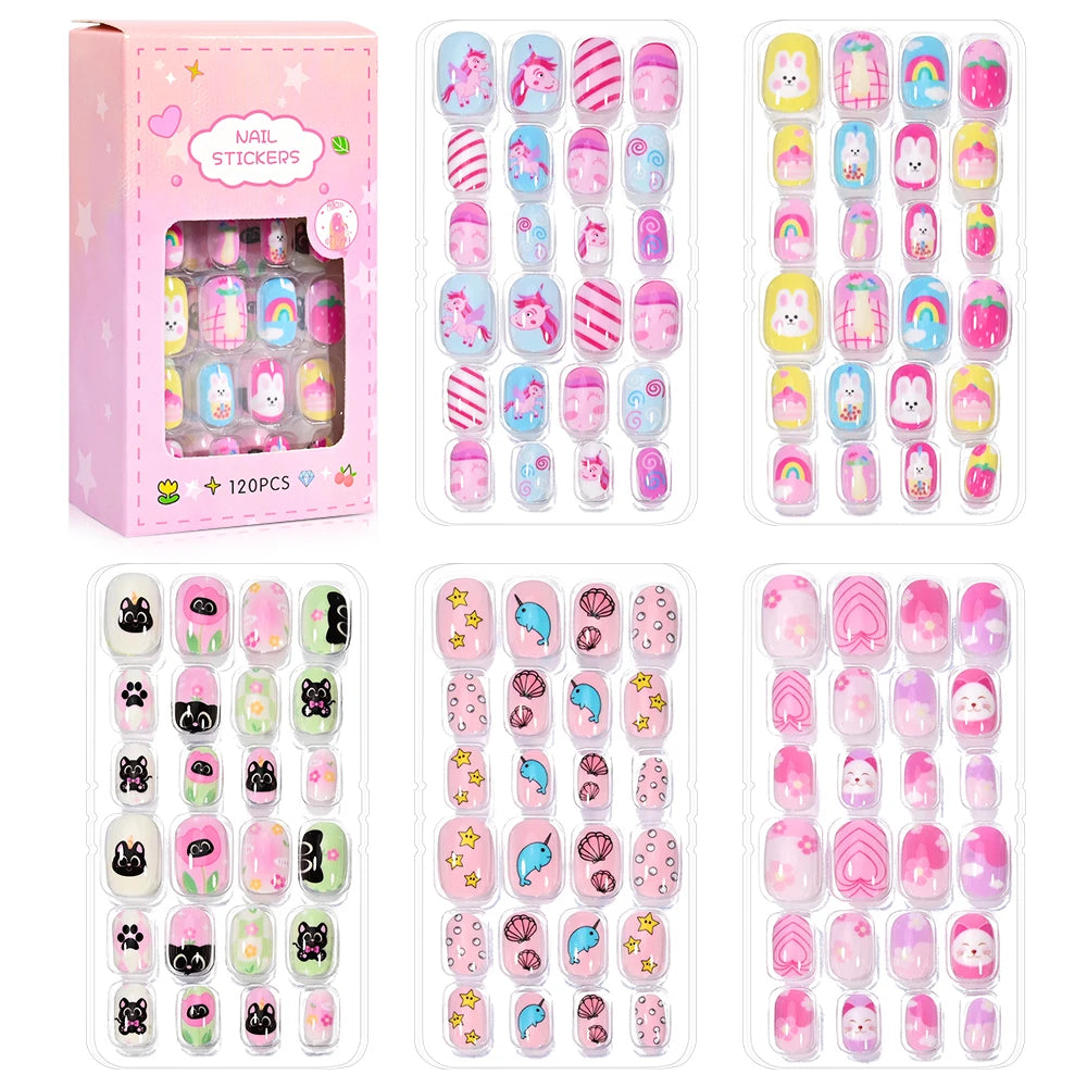 120pcs/box Pink Cartoon Children Press On Nails Candy Color Unicorn Cat Bunny Kids Full Cover False Nail Girls Party Nail Decora