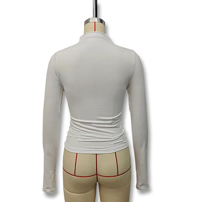 New fashion women's casual slim fit pleated high neck long sleeved solid color top t-shirt