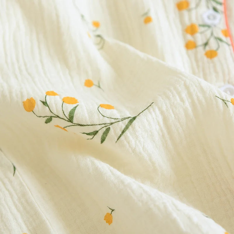 Neuer Sommer-Damen-Pyjama aus Baumwollkrepp, dreiteilig, kurzärmelig + Shorts + Hose, große Größe, einfacher Blumen-Pyjama, Heimservice-Anzug.