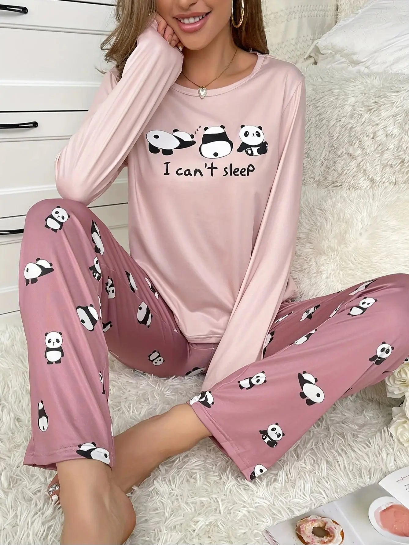 Damen-Pyjama-Set im neuen Stil, süßer Panda, langärmelige Hose, zweiteilig, lässige Heimkleidung.