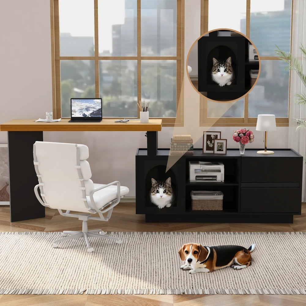 Eckschreibtisch mit integriertem Tierhaus – 120 x 50 cm, L-förmig oder einteilig, Eckschreibtisch für das Heimbüro mit XL-Tierhöhle