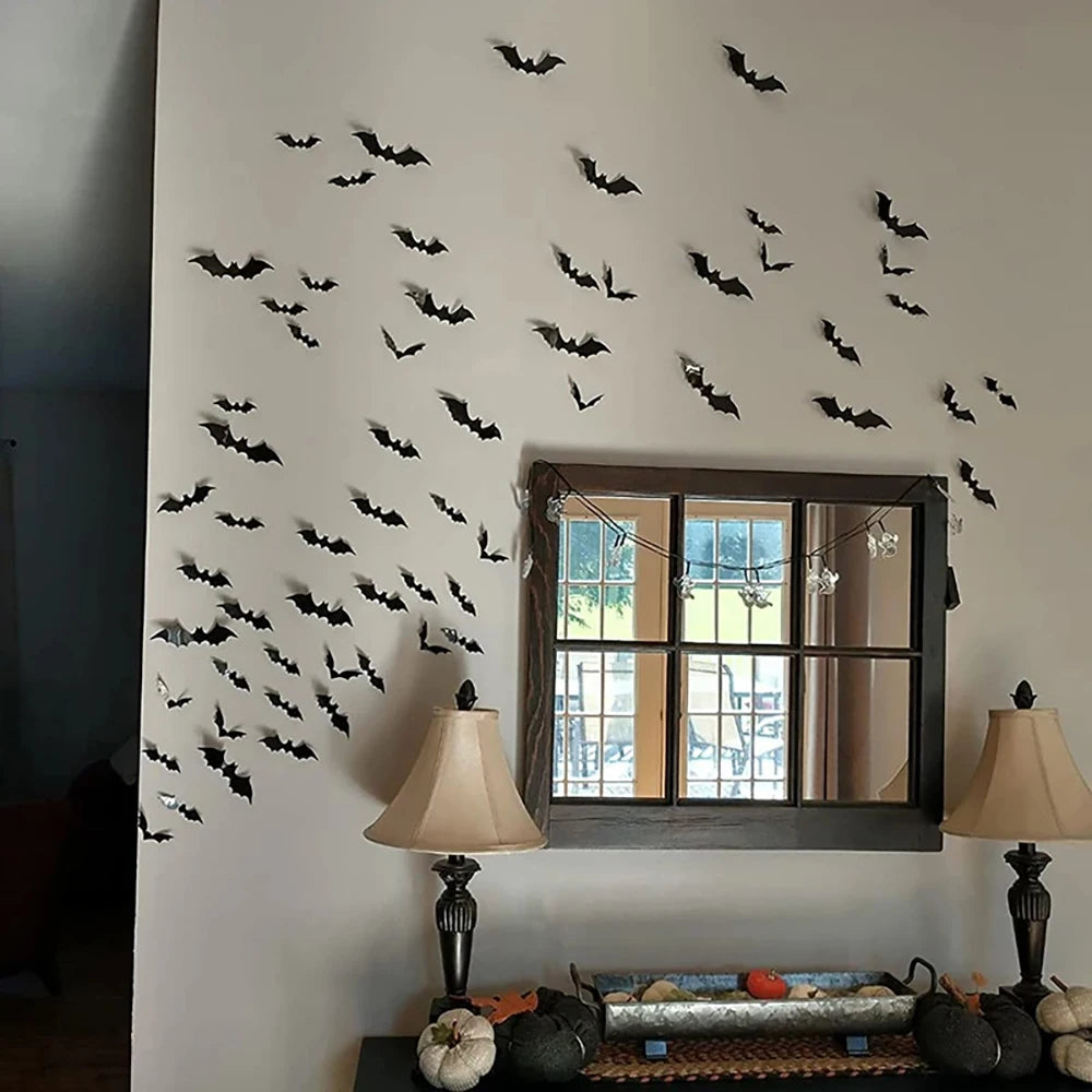 Halloween Bats Decorations,3D Pvc Bat on The Wall,Black Bats Wall Stickers,Halloween Scary Props.