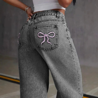 Jean Straight Pants Women Denim Washed Jeans Full Length Mom Embroidery Pockets Loose High Waist Vintage Zipper Fly Spliced.
