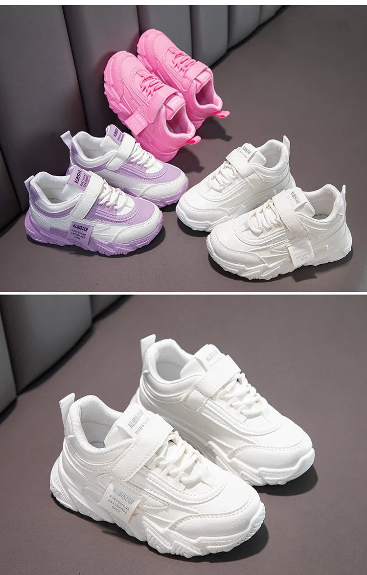 2024 New Versatile Soft Breatheable Hook & Loop White Boys and Girls Children Sneakers Cute Korean Style Uniform School Shoes.