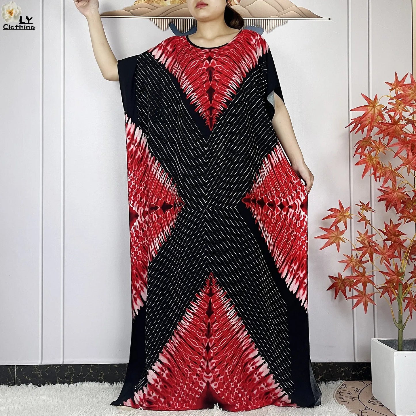 2024 New Muslim Women Dashiki Printed Dress Flower Diamonds Loose Dress With Big Scarf Islamic African Women Short Sleeve Abaya