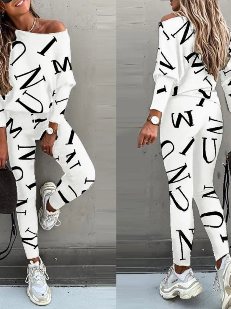 Autumn New Women's Fashion Letter Print Sexy Off Shoulder Long Sleeved Leggings Long Pants Casual Comfortable Two-piece Set.