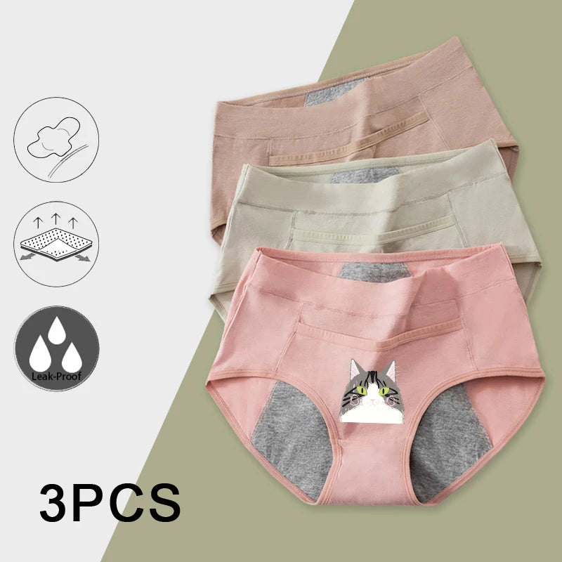 3PCS Cotton Menstrual Panties Leak Proof Breathable Cartoon cat Panties Woman Women Girls Physiological Pants Women's Intimates.