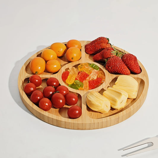 Wooden Divided Serving Trays Appetizer Tray 5 Dining Grids Snacks Bowls Round Serving Tray Serving Dishes Perfect for Parties.