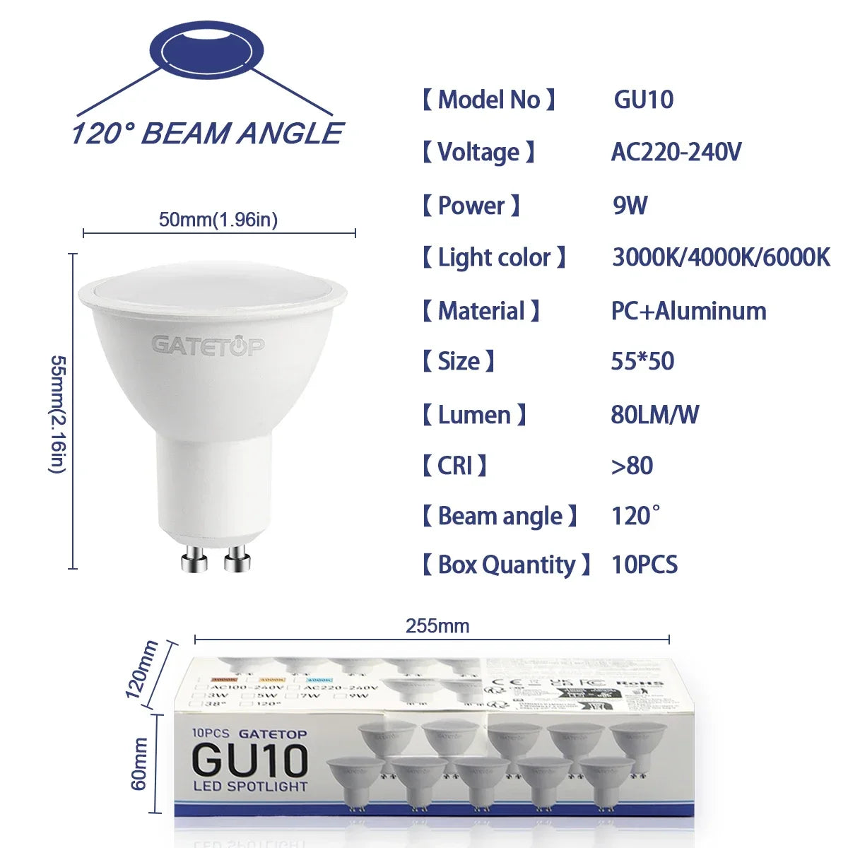 10er-Pack Focos Gu10 SpotlightLampara 220V LED-Glühbirne Großhandel 9W Weiß Warm 3000k 6000K geeignet für gewerbliche Gebäude zu Hause.