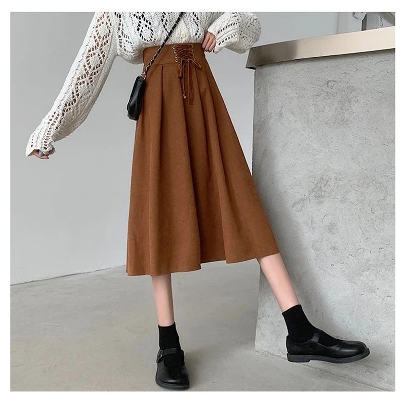 Preppy Style Vintage Long Skirts Women High Waist Sweet Loose A Line Skirt Lace Up Retro Fall Winter Female Elegant Long Skirts.
